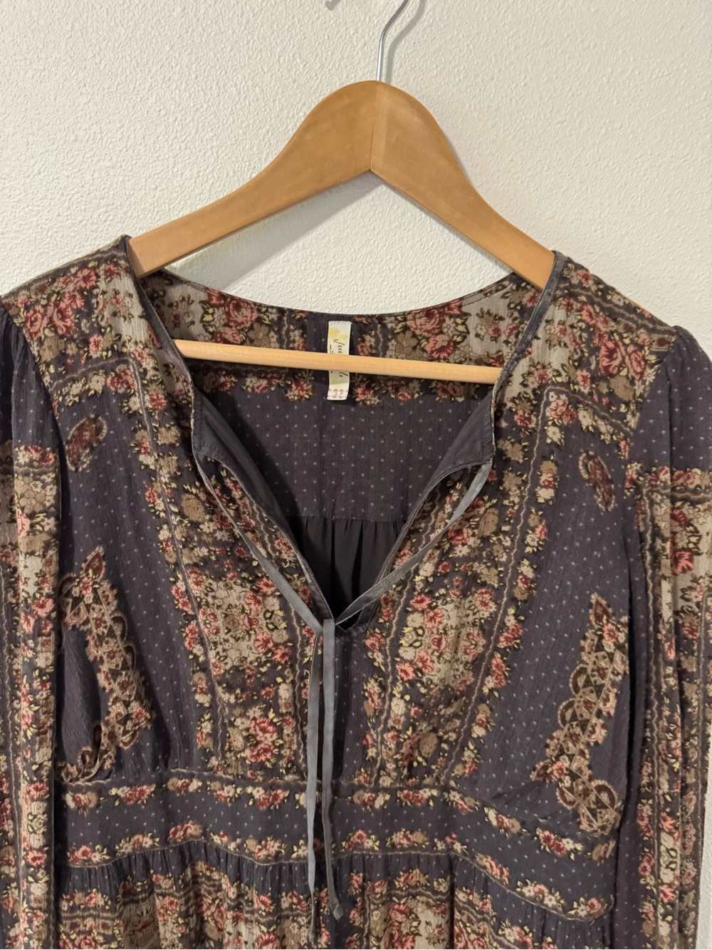 Free People Bridgette Mini Dress Brown Floral V Neck Tie Long Sleeve Peasant-S - Picture 4 of 11